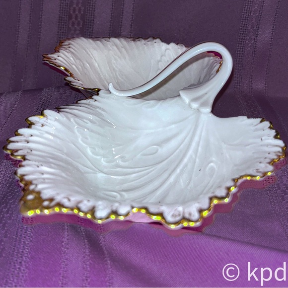 Vintage Lenox Gold Trimmed Double Leaf Handled Porcelain Candy Nut Dish Bowl - Picture 4 of 9